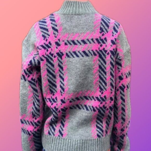 AQUA Pink Grey Plaid Pullover Sweater Quarter Zip Size XS Excellent Condition - Picture 3 of 4